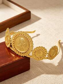 1Pc Vintage Gold Scalloped Embossed Portrait Coin Crown For Women, Multi Coin Flower Frame Headdress, Wedding Banquet Hair Accessory - Gold - View 3