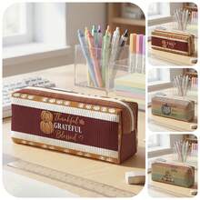 1pc Thanksgiving Pumpkin & Stripes Print Corduroy Pencil Case, Zipper Large Capacity Stationery Storage Pouch For Student School Daily Study - Multicolor - View 1