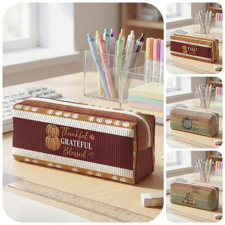 1pc Thanksgiving Pumpkin & Stripes Print Corduroy Pencil Case, Zipper Large Capacity Stationery Storage Pouch For Student School Daily Study - Multicolor - View 1