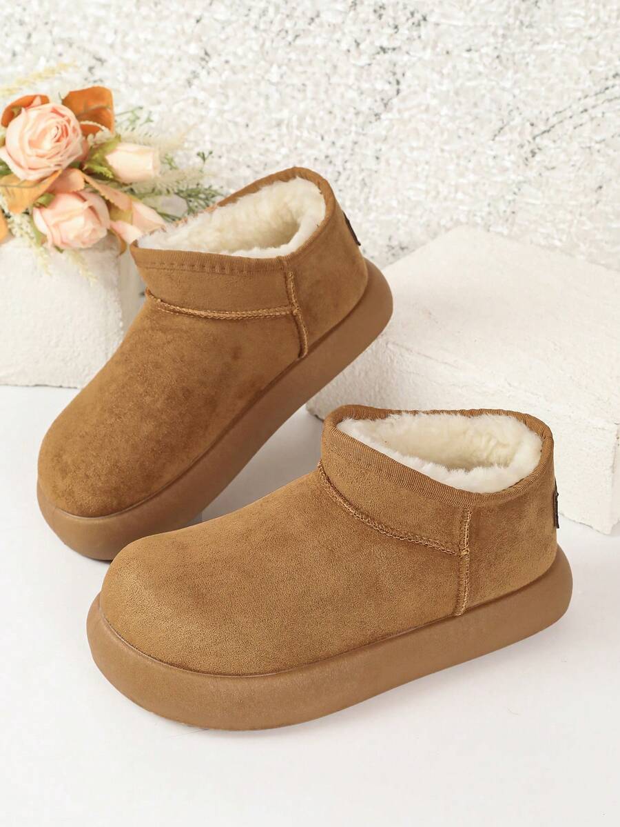 Women's Solid Color Faux Suede Slip-On Ankle Boots, Fuzzy Lining Minimalist Thick Sole Ankle Boots - Khaki - View 1