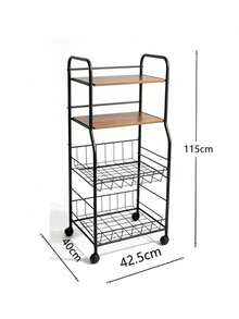 4-Tier Rolling Storage Cart, Wood Grain Shelves & Wire Baskets, Mobile Organizer Rack, Kitchen Storage, Wire Basket Cart, Easy Assembly, Space Saving, Durable, Bathroom Storage Shelf - View 10