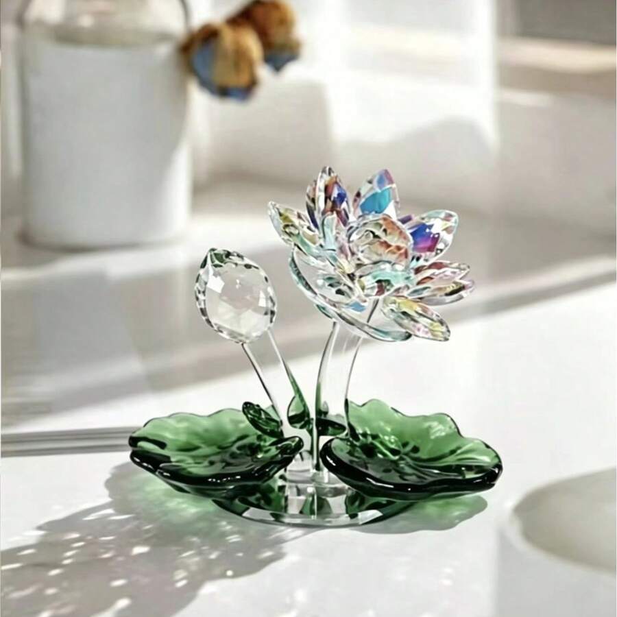 1pc 2D Flat Acrylic Lotus Flower Ornament With Green Leaf Decoration, Suitable For Home Office Desktop, Perfect Gift For Women And Mothers - multicolor - View 1