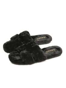 New Women's Plush Slip-On Flat Open-Toe Slippers, Solid Color Casual Home Slip-On Fuzzy Comfortable Versatile Slippers - Black - View 1