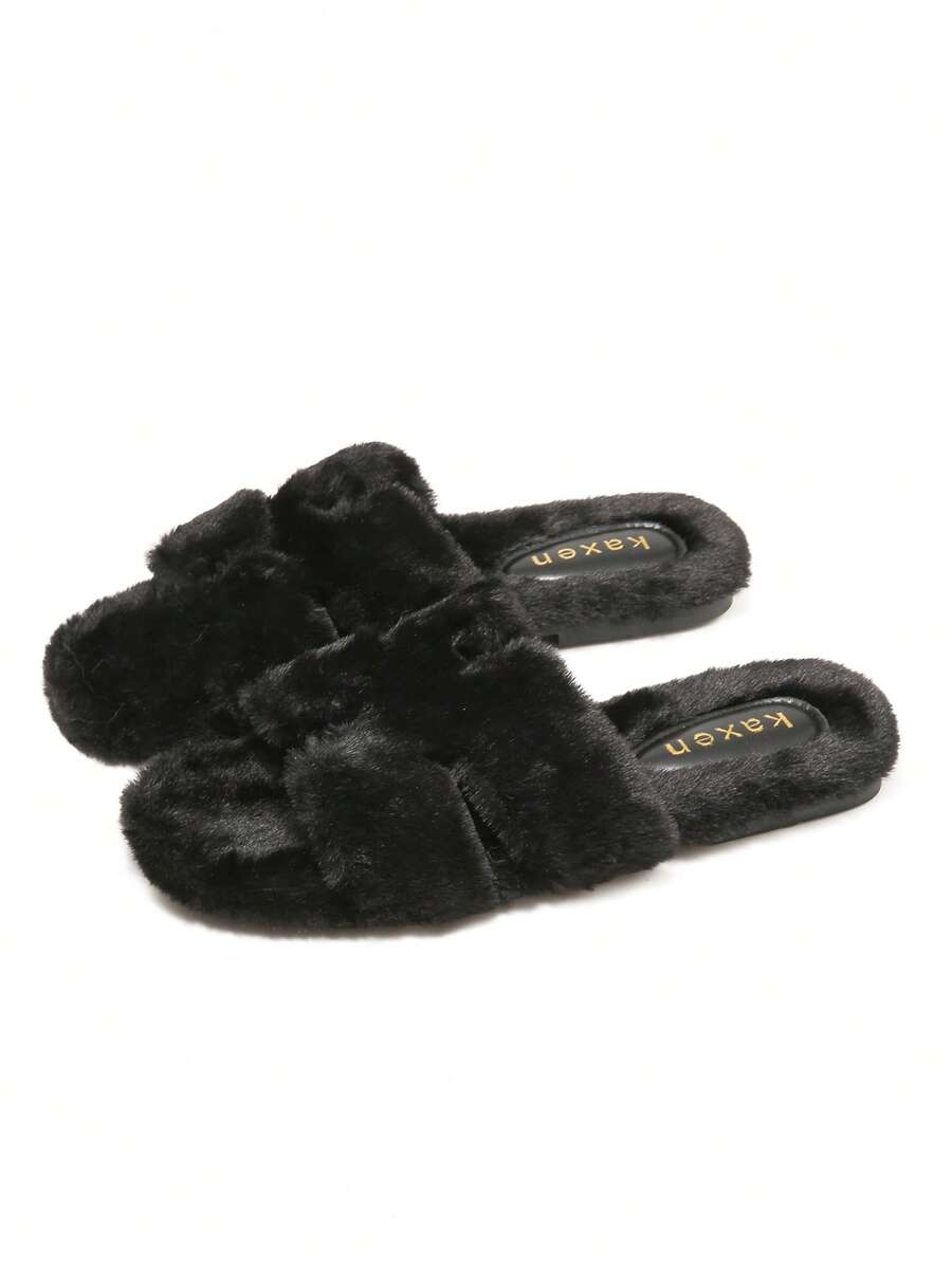 New Women's Plush Slip-On Flat Open-Toe Slippers, Solid Color Casual Home Slip-On Fuzzy Comfortable Versatile Slippers - Black - View 1