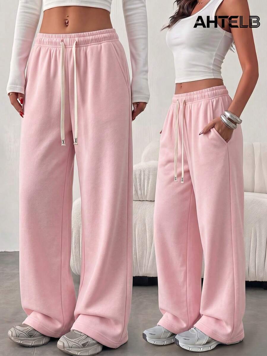 AHTELB Women's Spring/Autumn Casual Versatile Sports Long Pants, Loose Casual Versatile Home Pants, Elastic Waist Drawstring Design, Pink - Pink - View 1