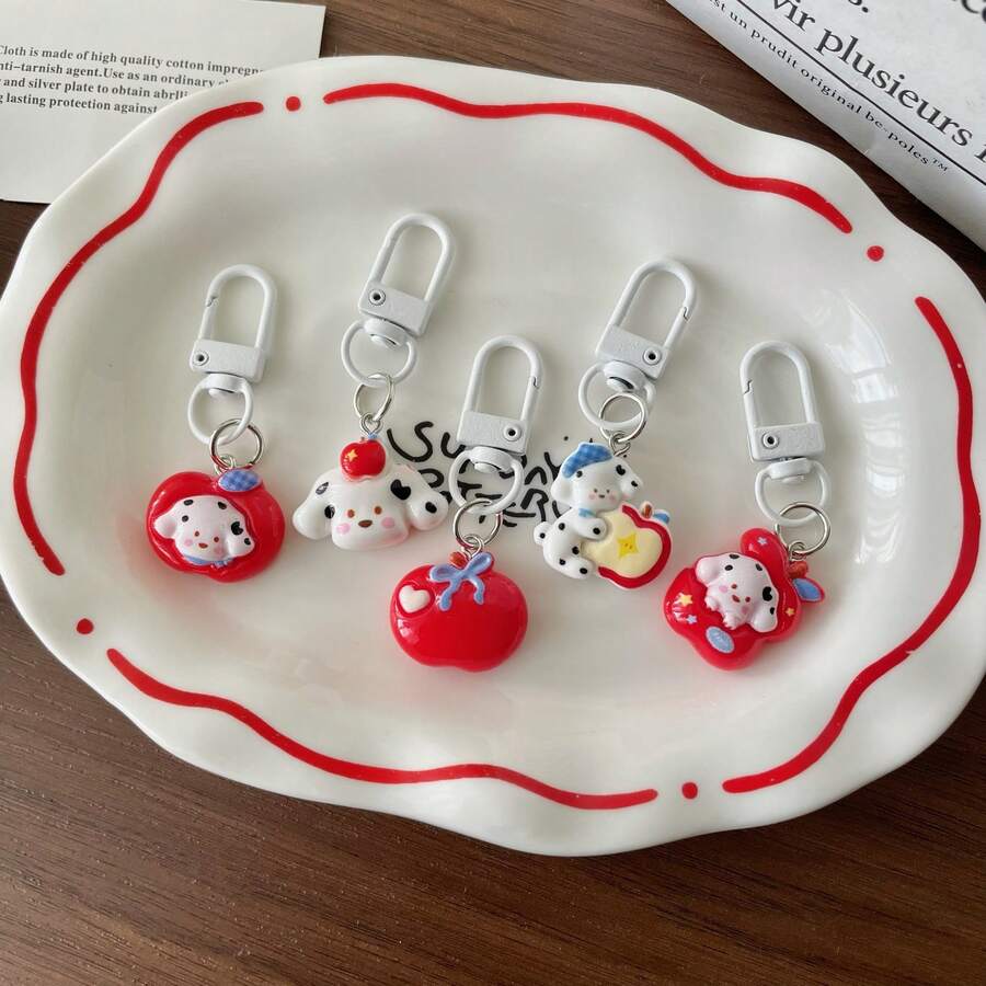5pcs Vintage Red Apple Puppy Keychains, 3D Spotted Dog Apple Pendant, White D-Ring Resin Bag Charm, Sweet Childlike Style Everyday Versatile Accessory