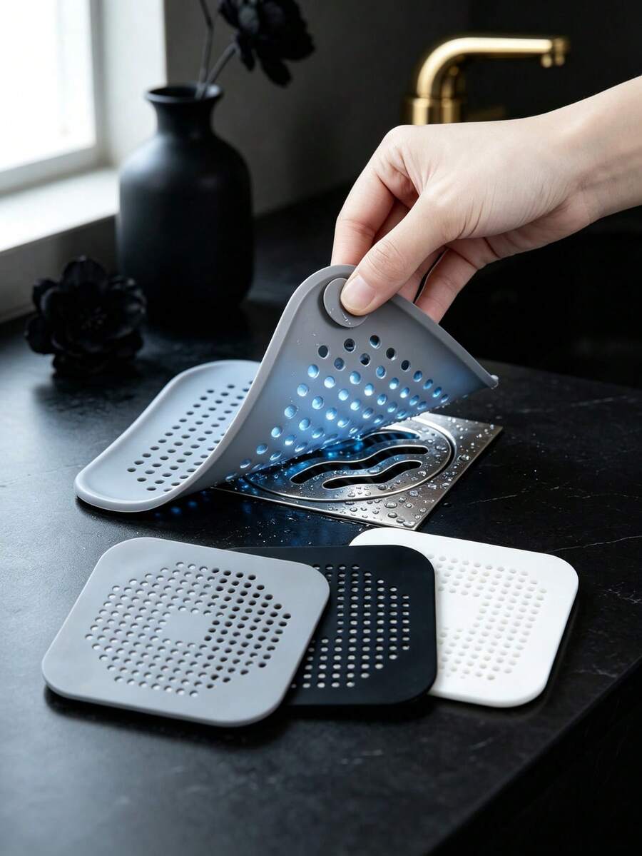 5/1sets Silicone Square Drain Hair Catcher With Suction Cups, Anti-Clog Shower & Sink Drain Cover, Kitchen Drain Strainer, Reusable Drain Filter For Bathroom & Kitchen, Easy Clean Bathroom Accessories, Black Bathroom Decor, Travel Essentials