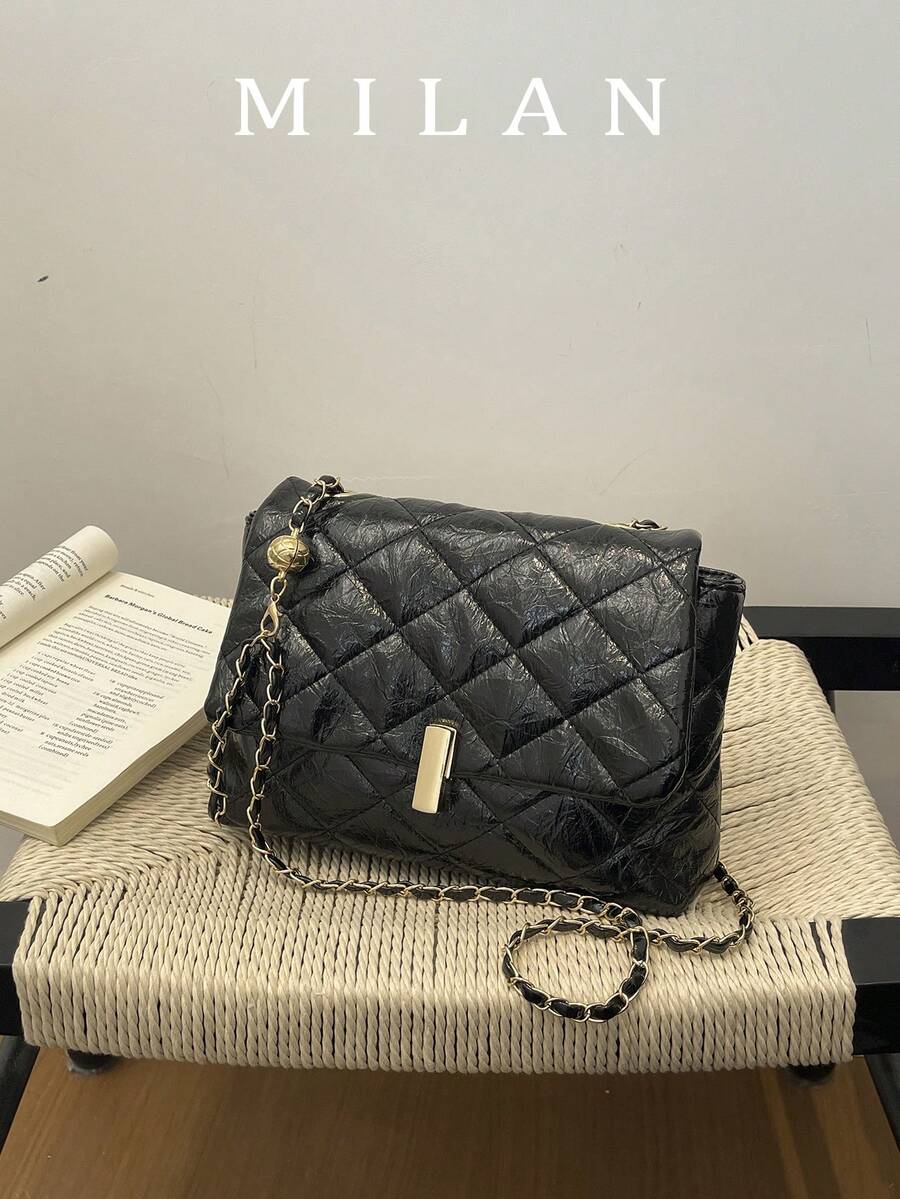 1件純色刺繡菱格紋便攜翻蓋時尚優雅單肩斜跨包，適合女性日常使用