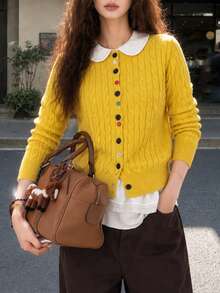Women's Autumn/Winter Casual Minimalist Cable Knit Design Colorful Button Round Neck Cardigan Sweater Jacket - Yellow - View 1