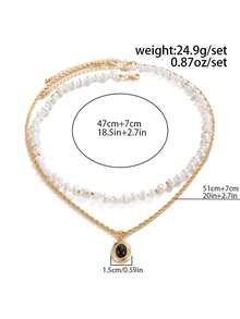 2pcs/Set Autumn Vintage Old Money Style Double Layer Stacked Necklace, Baroque Pearl & Black Agate Oval Pendant, Back To School Daily Gift Choker - Gold - View 8