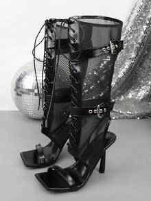 女款優雅高跟網格綁帶通勤時尚涼鞋 - 黑色 - 查看 2