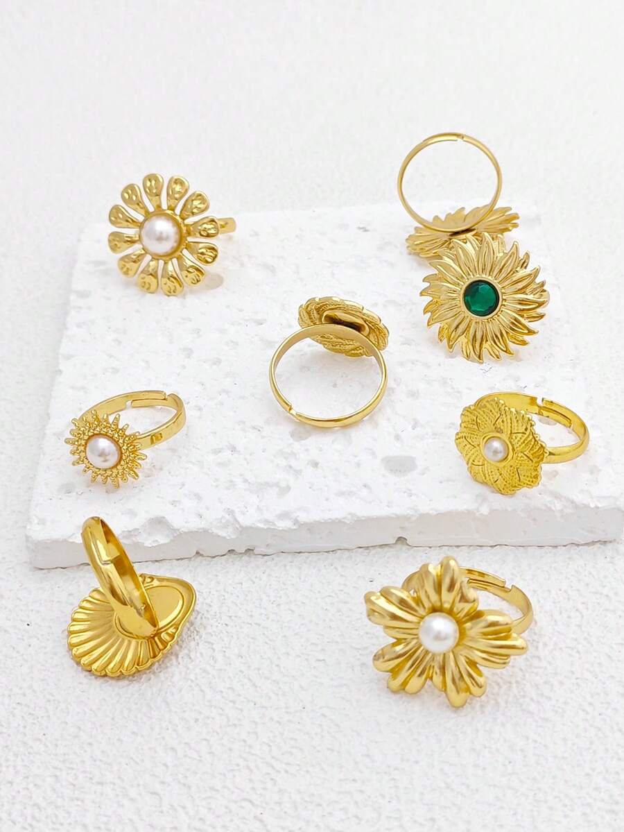 1-6Pcs Random Gold Tone Adjustable Stackable Rings For Women, Flower Open Band Finger Rings Set, Party Jewelry Gift - Gold - View 1