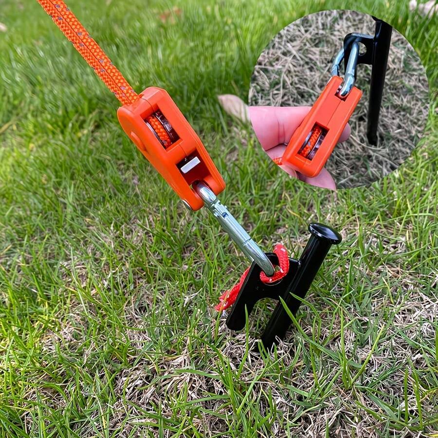 4pcs 157.48 Inch Metal Pulley Camping Tent Guy Rope With Reflective Strip, Adjustable Drawstring Buckle Fastener, Suitable For Outdoor Camping, Outdoor Equipment, Awning Fixing And Holiday Decoration, Elastic Outdoor Storage Bag, Easy Installation