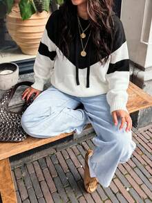 1pc Contrast Color Drawstring Long Sleeve Casual Hooded Sweater, Daily Versatile Elegant Fashion Pocket Colorblock Knit Top, Black - Black - View 10