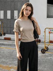 Women's Casual Solid Color Round Neck Ruffle Short Sleeve Loose Fit T-Shirt, Spring/Summer Style, Suitable For Dating And Daily Wear - Khaki - View 3