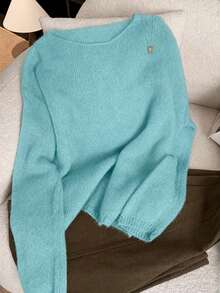 Women's Spring Autumn Loose Soft Cozy Slouchy Minimalist Versatile Fashion Solid Color Knit Top Outerwear Base Layer Daily Outfit - Mint Blue - View 2