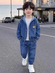 Boys' Autumn/Winter 2 Pieces Set, Bear Embroidery Hooded Denim Jacket & Cuffed Cargo Denim Pants, Casual Outfit - Light Wash - View 2