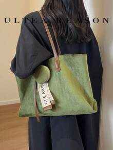1pc Solid Color Suede Shoulder Bag, Women's Vintage Casual Tote Bag, Square Bag, Zipper Closure, Suitable For Daily Use - Green - View 5