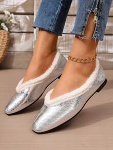 rlyza Women's Thermal Lined Square Toe Low Vamp Retro Fuzzy Trim Flats, Comfortable Warm Commuter Slip-On Fur Shoes - Silver - View 7