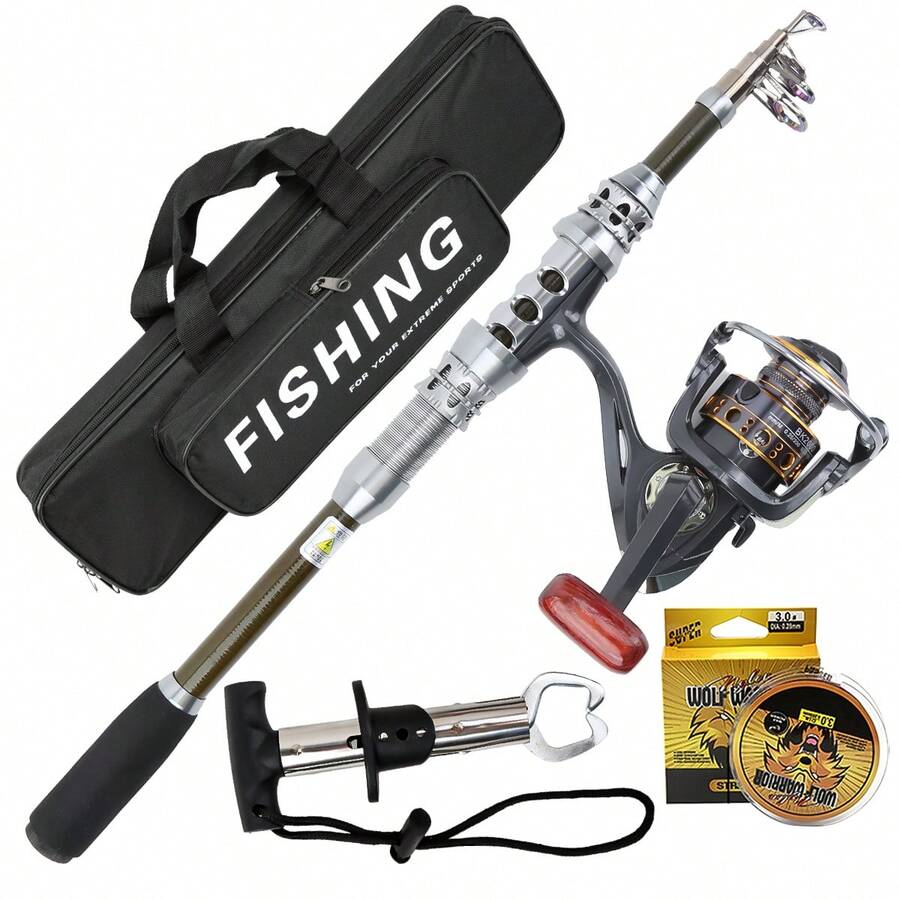 KecchKrezing Carbon Fiber Fishing Rod And Line Set, Includes Metal Reel, Fishing Line, Fishing Pliers, Double-Layer Storage Bag, Portable All-Water Fishing Kit