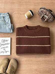1pc Girls/Teenagers Round Neck Knitted Sweater Striped Contrast Color Design Autumn/Winter - Brown - View 7
