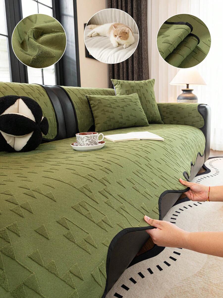 1PC New Green French-Style Irregular Edge Chenille Sofa Cushion – Four-Season Non-Slip Sofa Protector Cover, Room Decorative Seat Pad, Pet-Friendly & Stain-Resistant, Machine Washable