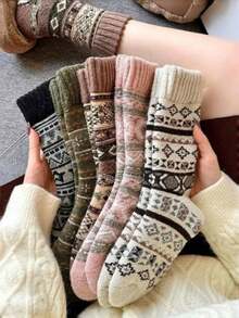 1 Pair/5 Pairs Women's New Autumn/Winter Thick Warm Retro Geometric Pattern Socks, Unisex Couples Design, Fashion Versatile Mid-Calf Socks - Multicolor - View 1