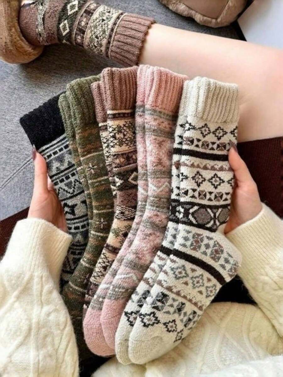 1 Pair/5 Pairs Women's New Autumn/Winter Thick Warm Retro Geometric Pattern Socks, Unisex Couples Design, Fashion Versatile Mid-Calf Socks - Multicolor - View 1