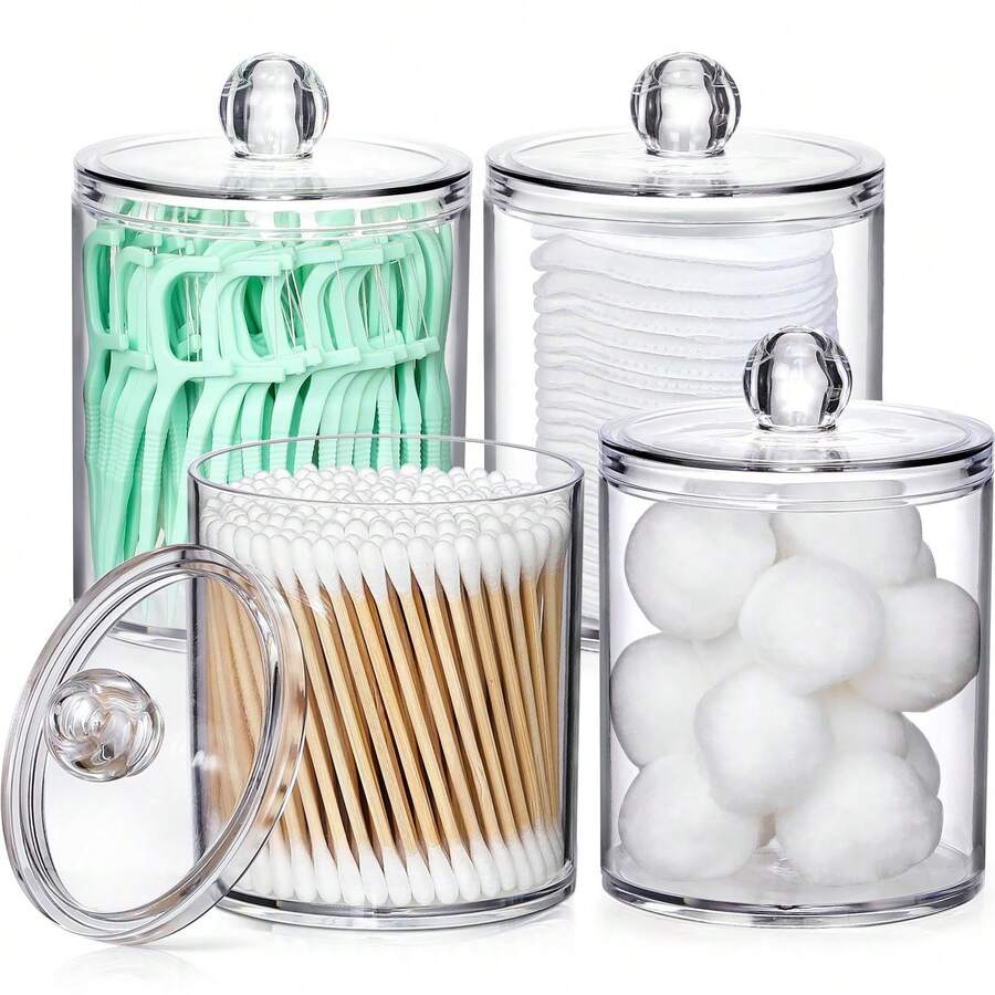1pc Transparent Plastic Storage Bucket With Lid For Cotton Pads, Powder Puffs, Cotton Swabs, Dental Floss, Cosmetics And Hair Accessories - Multicolor - View 1