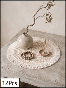1/2/4/6/12pcs Beige Tassel Woven Placemats, Natural Rustic Style, Cotton Rope Material, Round Tassel Edge And Woven Texture Details, Heat-Resistant And Anti-Slip, Tabletop Protection And Decorative Enhancement, Suitable For Incense Ceremony, Meditation And Rustic Home Decor - White - View 16