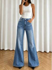 Women's Vintage Washed Straight Leg Jeans, Long Casual Slightly Stretchy Everyday Fashion Pants - Medium Wash - View 4