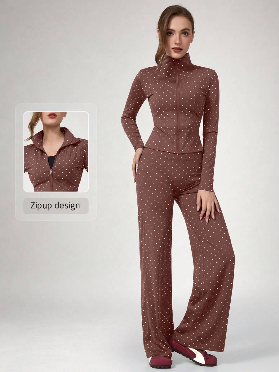 NcmRyu Women's One Set Polka Dot Stand Collar Long Sleeve Zipper Jacket Straight Leg Wide Leg Pants - Brown - View 1