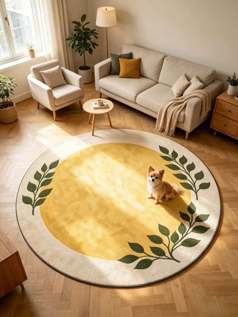 1pc Contrast Green Leaf Round Area Rug, Decorative Carpet, Floor Mat, Living Room Carpet, Bedroom Carpet, Fresh Healing Carpet - Multicolor - View 1