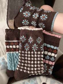 2/4 Pairs Women's New Daily Cute Vintage Japanese Style Daisy Floral 3D Geometric Striped Pattern Ruffle Mid-Calf Slouch Socks, Maillard Color - Multicolor - View 1