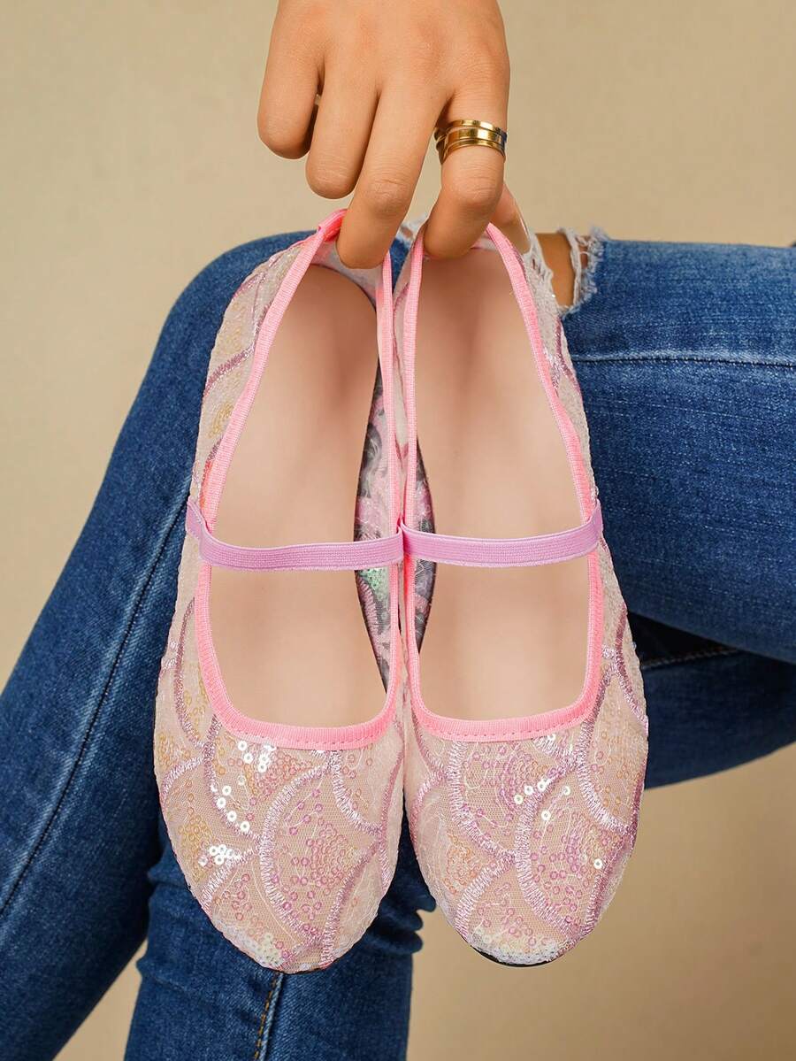 新款女款流行時尚極簡優雅對比網紗刺繡亮片設計一腳蹬圓頭鬆緊帶舒適穩固平底粉色瑪麗珍鞋 - 粉色 - 查看 1