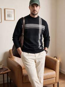 Men's Autumn/Winter Round Neck Striped Sweater, Stand Collar Business Casual Knitted Pullover, Comfortable For Party, Home Wear, Long Sleeve Top - Black - View 1