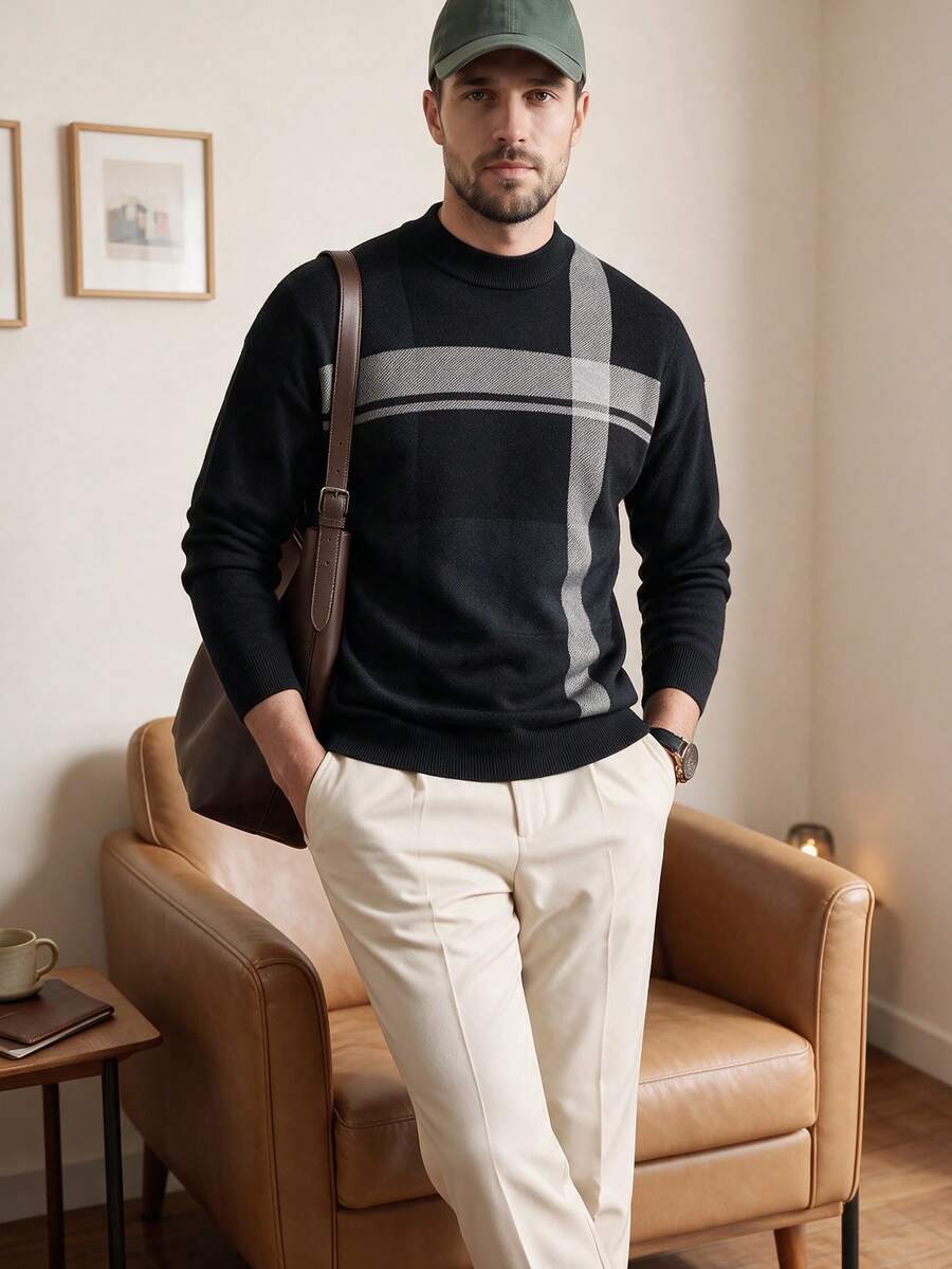 Men's Autumn/Winter Round Neck Striped Sweater, Stand Collar Business Casual Knitted Pullover, Comfortable For Party, Home Wear, Long Sleeve Top - Black - View 1