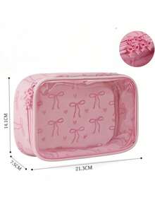 1pc Cute Bow Print Transparent PVC Cosmetic Bag,Waterproof PU Large Capacity Portable Travel Toiletry Bag,Zipper Makeup Organizer Pouch For Women Girls - Pink - View 8