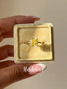 MADEONE 1pc Women's Square Single Cubic Zirconia Ring, Fashion Wedding Anniversary Gift Jewelry, Daily Date Decoration - Yellow Stone - View 1