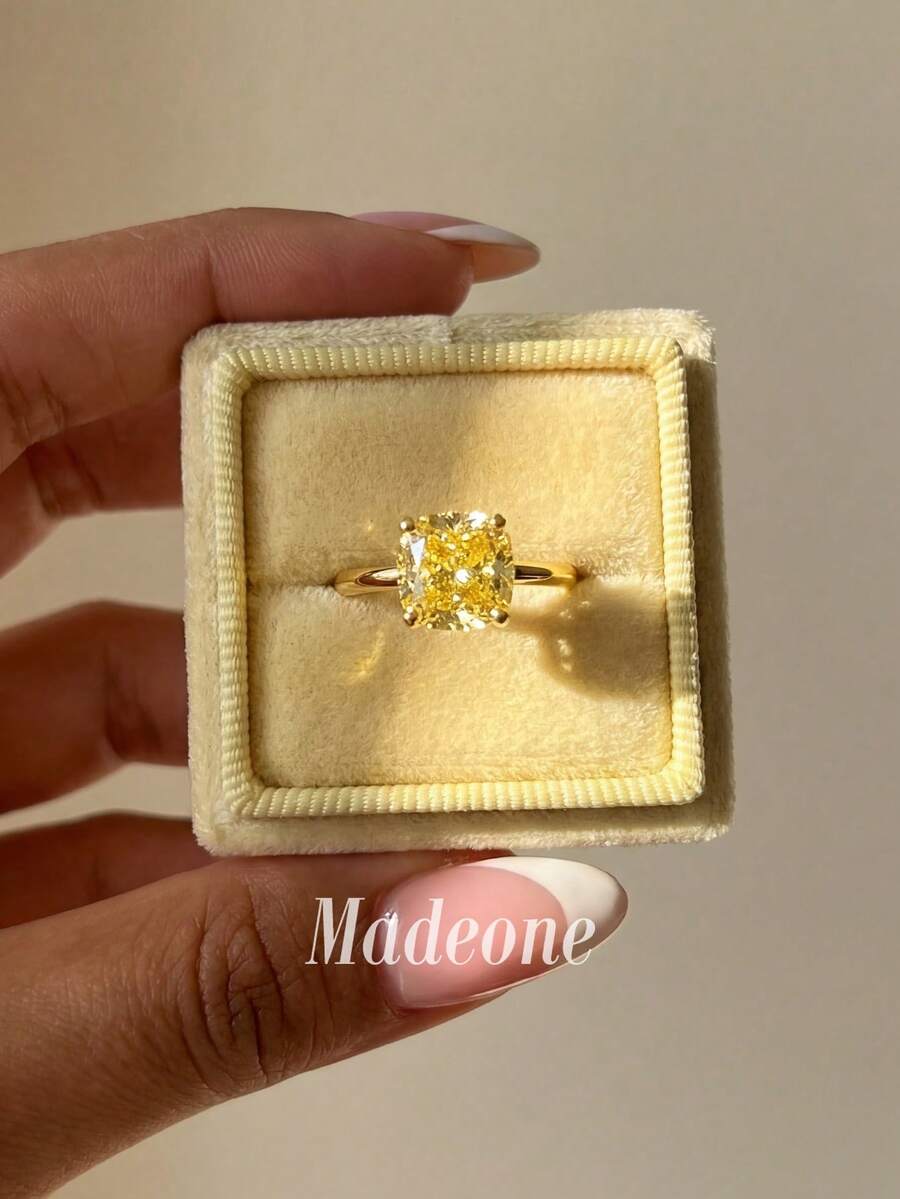 MADEONE 1pc Women's Square Single Cubic Zirconia Ring, Fashion Wedding Anniversary Gift Jewelry, Daily Date Decoration - Yellow Stone - View 1