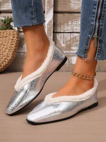 rlyza Women's Thermal Lined Square Toe Low Vamp Retro Fuzzy Trim Flats, Comfortable Warm Commuter Slip-On Fur Shoes - Silver - View 3