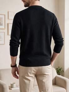 Men's Autumn/Winter Round Neck Striped Sweater, Stand Collar Business Casual Knitted Pullover, Comfortable For Party, Home Wear, Long Sleeve Top - Black - View 2