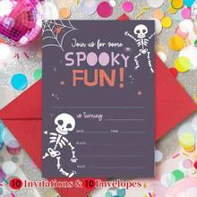 Party Invitation Cards - 10 Cards & Envelopes, Double-Sided Printed With "You're Invited" - Suitable For Birthday, Graduation, Wedding & Friendship Day Celebrations | Halloween Theme Fun Stationery: Cute Skeleton/Spider + Spooky Fun - A - View 5
