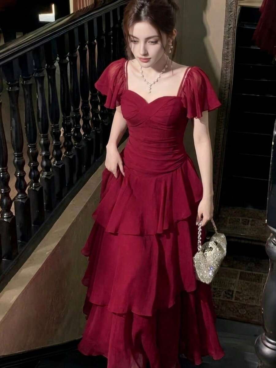 女款優雅時尚酒紅色晚宴禮服,法式修身荷葉邊婚禮賓客畢業禮服,夏季紅色秋季服飾 - 紅色 - 查看 1