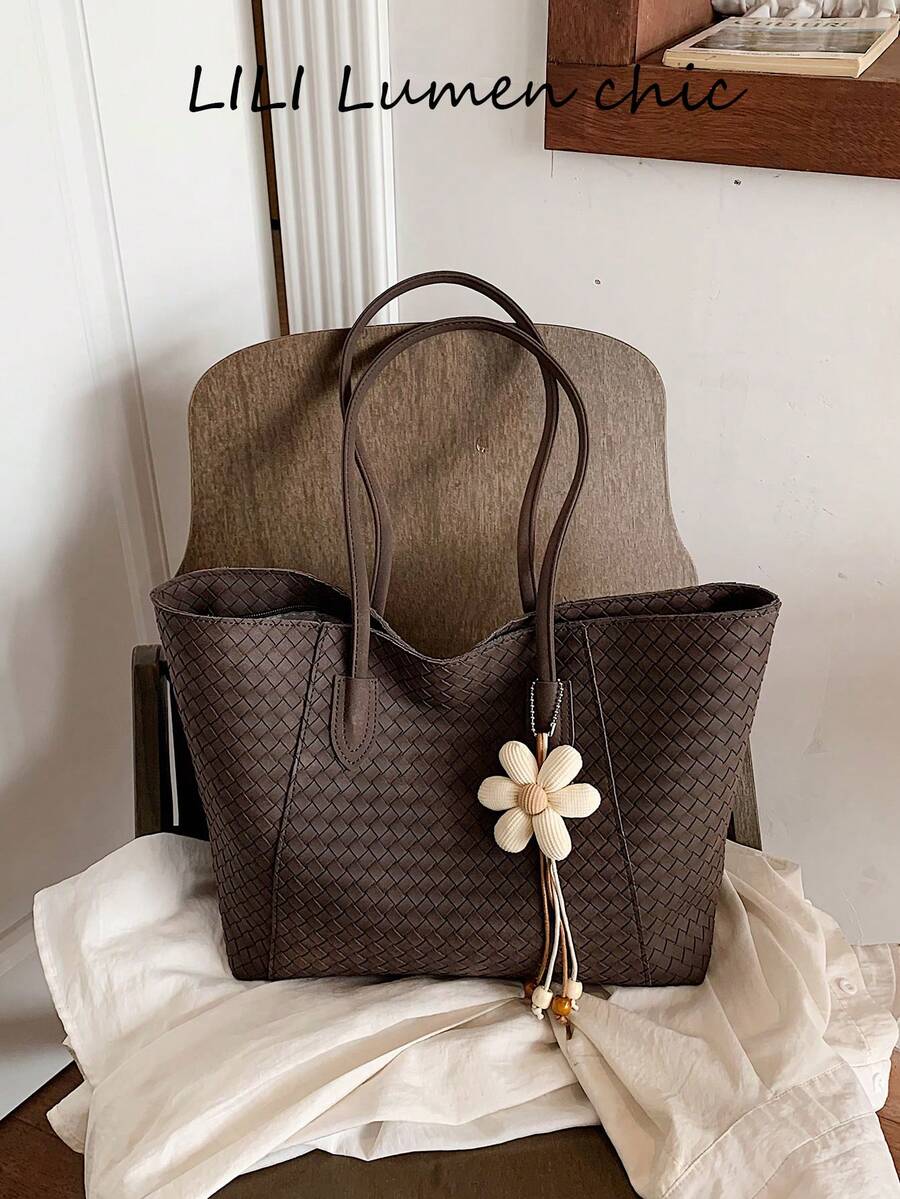 Tote Bag, Rich Woven Texture Surface Details, Floral Charm Accents Add Fresh Atmosphere. Double Long Shoulder Straps For Easy Shoulder Carrying, Open Design For Convenient Access, Ample Interior Space To Store Various Personal Items, Suitable For Commuting, Casual Outings, Creating A Simple And Gentle Daily Outfit Style. - Coffee Brown - View 1