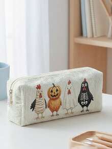 1pc Halloween Skull Jack-O'-Lantern Print Corduroy Pencil Case, Zipper Large Capacity Stationery Storage Pouch For Student School Daily Study - Multicolor - View 3