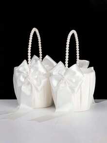 2pcs Flower Girl Basket Set, With Cute Pearl Handle And Satin Ribbon Bow, Nude/Ivory Satin Texture, Suitable For Wedding Ceremony - Multi-color - View 5