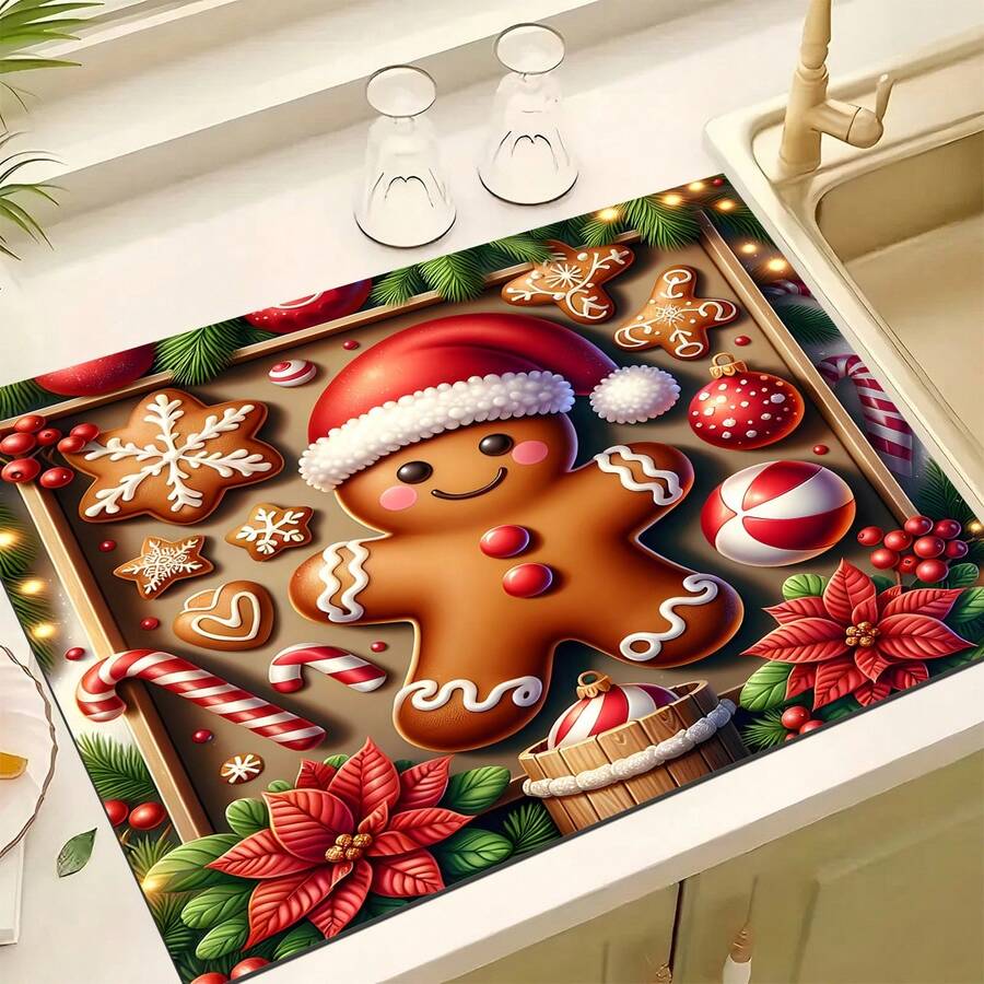 1PC Christmas Element Welcome Mat, Diatomite Absorbent Small Rug, Non‑Slip Floor Mat For Stove Coffee Machine Water Bar Counter, Christmas Halloween Home Decor, Indoor Outdoor Doormat For Front Door Kitchen Area - Multicolor - View 1