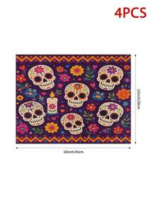 Day Of The Dead Sugar Skull Table Runner, Pillow Case, Placemat, Mexican Style Party Decoration, Purple Floral Candle Pattern, Day Of The Dead Tablecloth, Bohemian Kitchen Home Decor - Multicolor - View 7