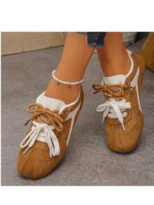 Women's Colorblock Retro German Trainer Shoes, Flat Lace-Up Sneakers, Lightweight Versatile Casual Skate Shoes - Camel - View 12